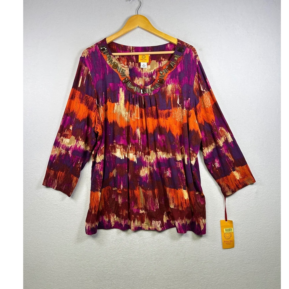 Ruby Rd Woman Blouse Womens 1X Purple Orange Embellished Neck 3/4 Sleeve Top NEW